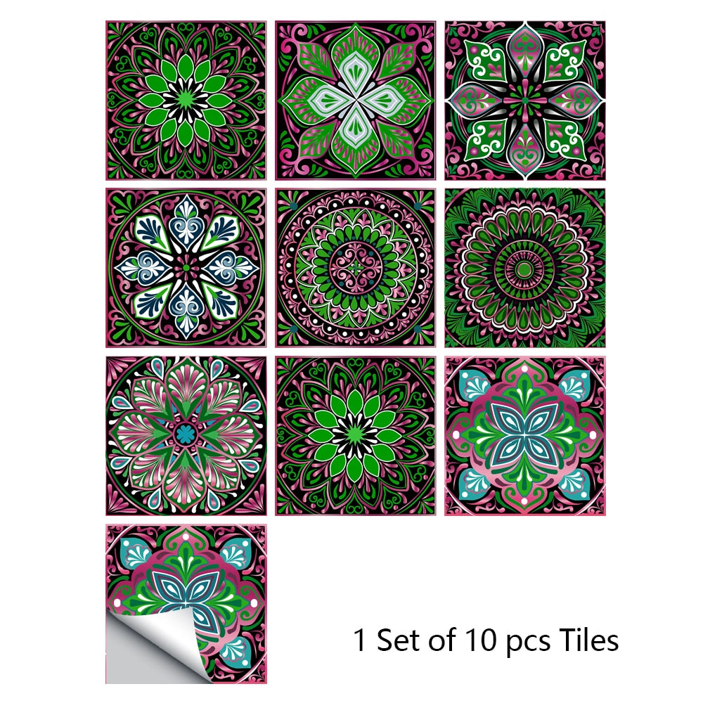 Colorful Mandala Style Tile Sticker Kitchen / Bathroom Wardrobe Glossy Surface Art Mural Peel &amp; Stick Wall Decals