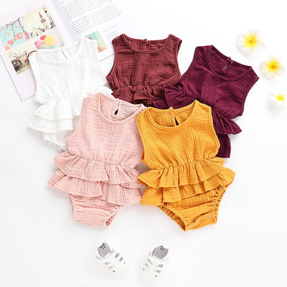 Cute Newborn Kid Baby Girl Clothes Sleeveless Bodysuit Dress Cotton & Linen 1PC Outfit