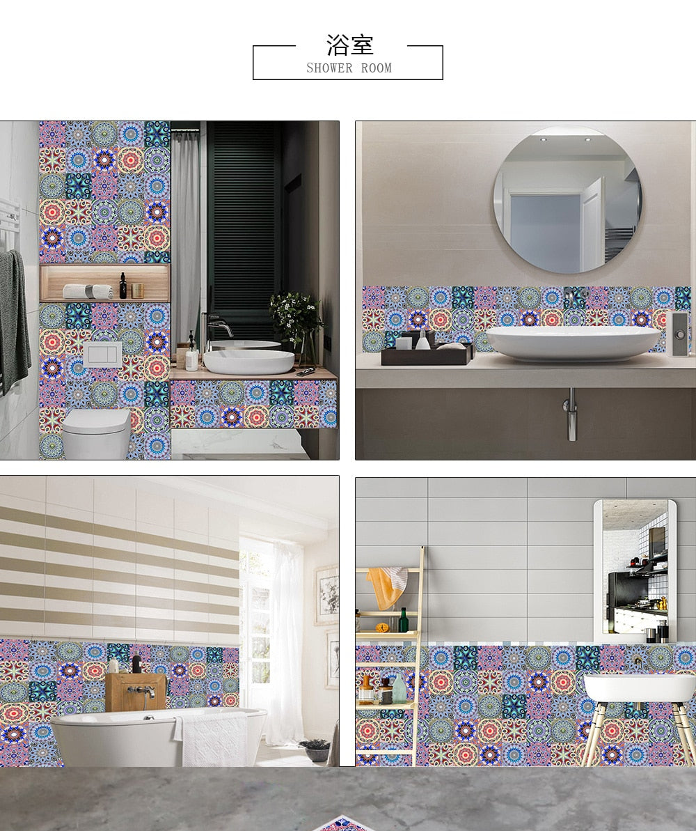 Colorful Mandala Style Tile Sticker Kitchen / Bathroom Wardrobe Glossy Surface Art Mural Peel &amp; Stick Wall Decals