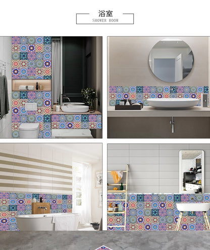 Colorful Mandala Style Tile Sticker Kitchen / Bathroom Wardrobe Glossy Surface Art Mural Peel &amp; Stick Wall Decals