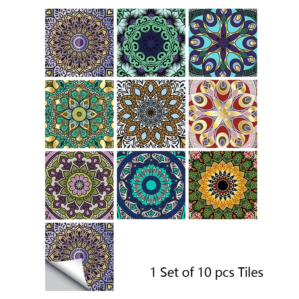 Colorful Mandala Style Tile Sticker Kitchen / Bathroom Wardrobe Glossy Surface Art Mural Peel &amp; Stick Wall Decals