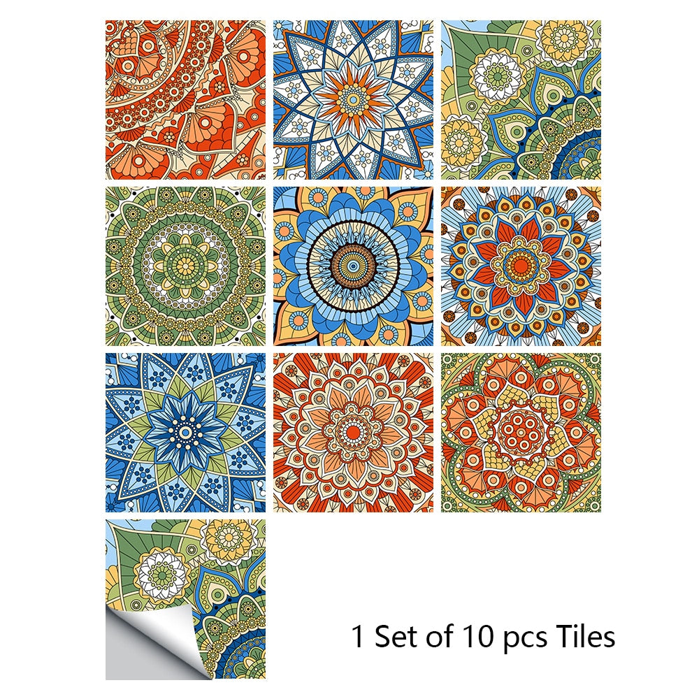 Colorful Mandala Style Tile Sticker Kitchen / Bathroom Wardrobe Glossy Surface Art Mural Peel &amp; Stick Wall Decals