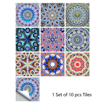 Colorful Mandala Style Tile Sticker Kitchen / Bathroom Wardrobe Glossy Surface Art Mural Peel &amp; Stick Wall Decals