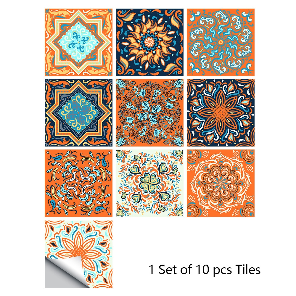 Colorful Mandala Style Tile Sticker Kitchen / Bathroom Wardrobe Glossy Surface Art Mural Peel &amp; Stick Wall Decals