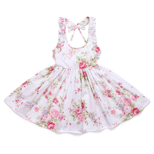 Baby Girls Dress Cotton Leaky Back Retro Floral Cute Sweet Fashion Kids Clothing Beach Outdoor Casual 1-12Yrs