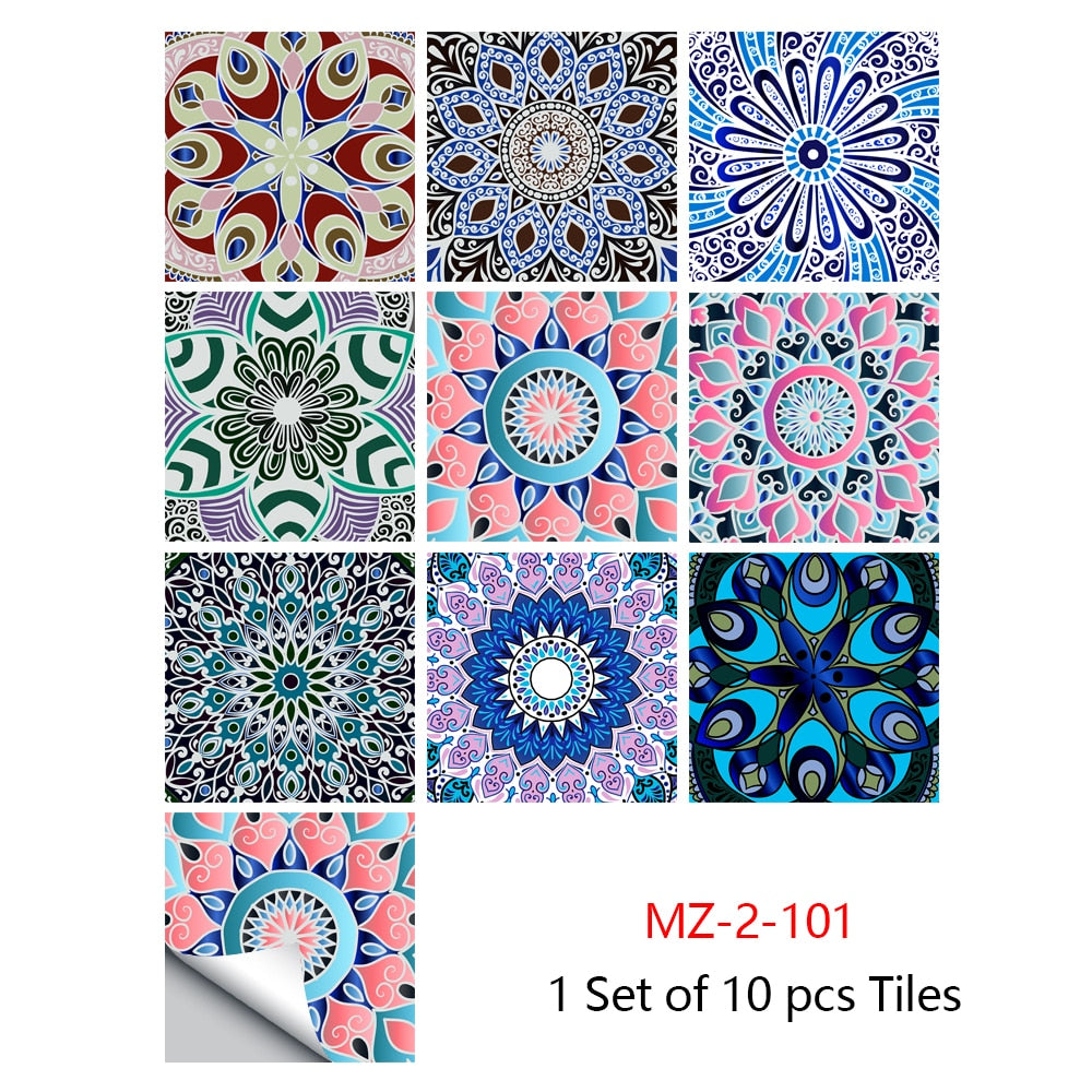 Colorful Mandala Style Tile Sticker Kitchen / Bathroom Wardrobe Glossy Surface Art Mural Peel &amp; Stick Wall Decals