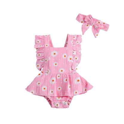 Baby Girls Daisy Playsuits Ruffled Bodysuit+Headaband 2pcs Sets Print Fly Sleeve Romper Floral Jumpsuit Infant Summer Clothes