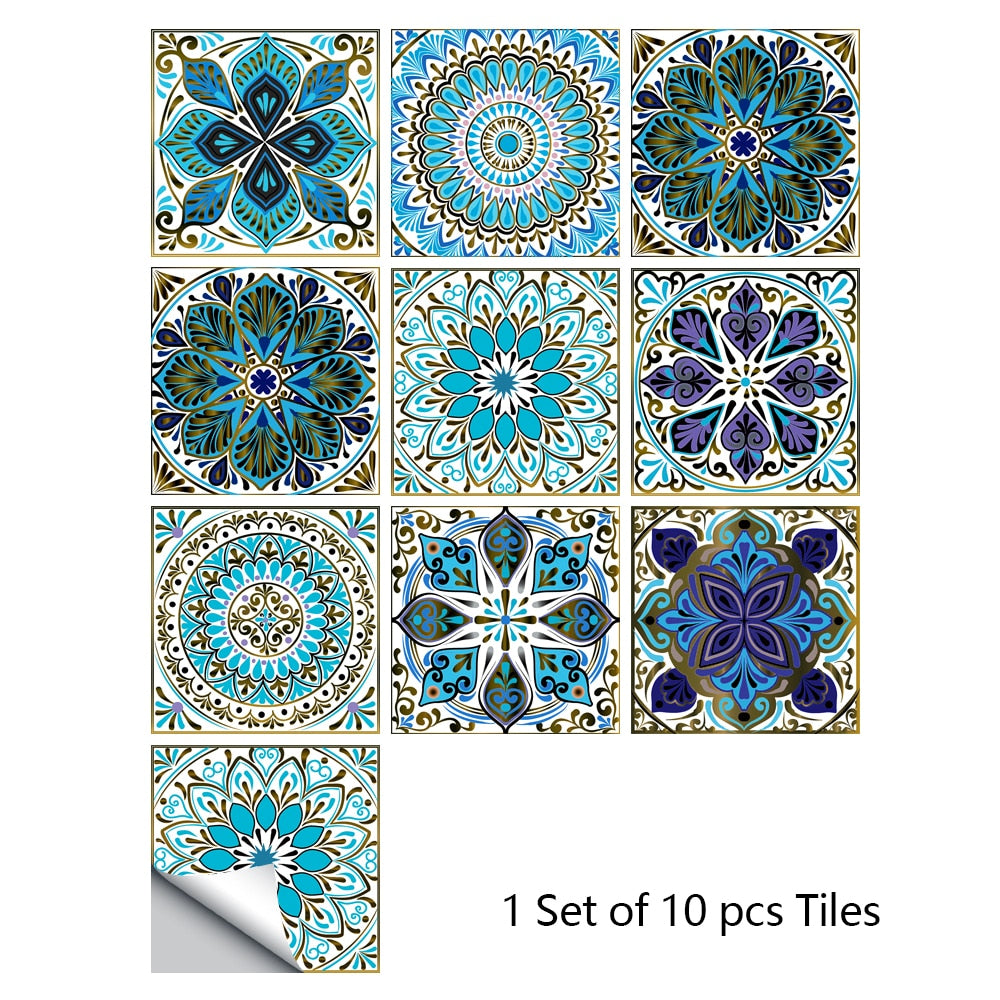 Colorful Mandala Style Tile Sticker Kitchen / Bathroom Wardrobe Glossy Surface Art Mural Peel &amp; Stick Wall Decals