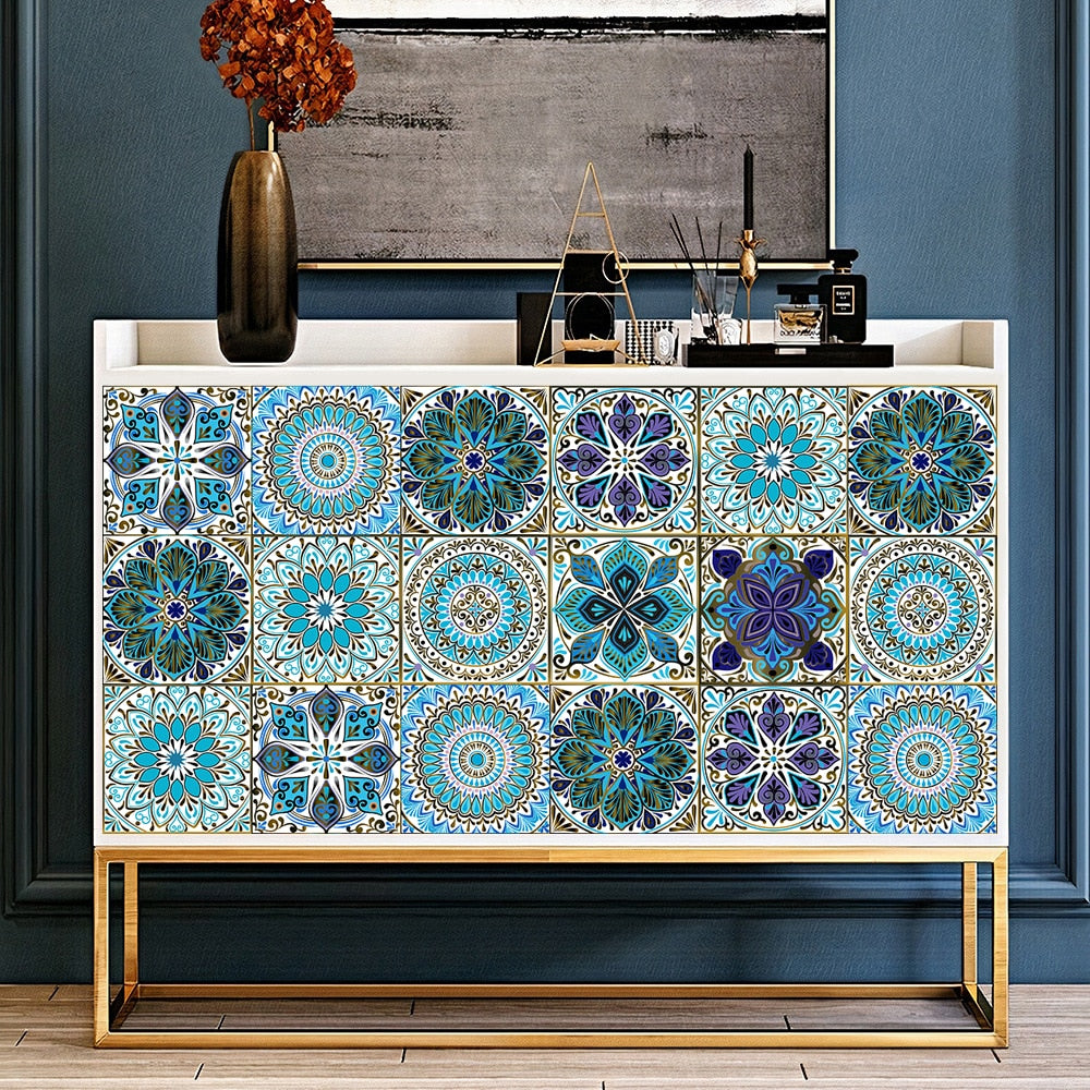 Colorful Mandala Style Tile Sticker Kitchen / Bathroom Wardrobe Glossy Surface Art Mural Peel &amp; Stick Wall Decals