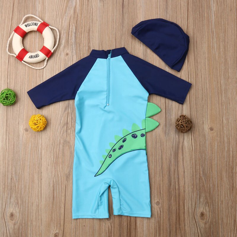 New Fashion Baby Kids Boy Romper Sun Protective Long Sleeve Swimwear Rash Guard Costume Bathing Suit+Hat