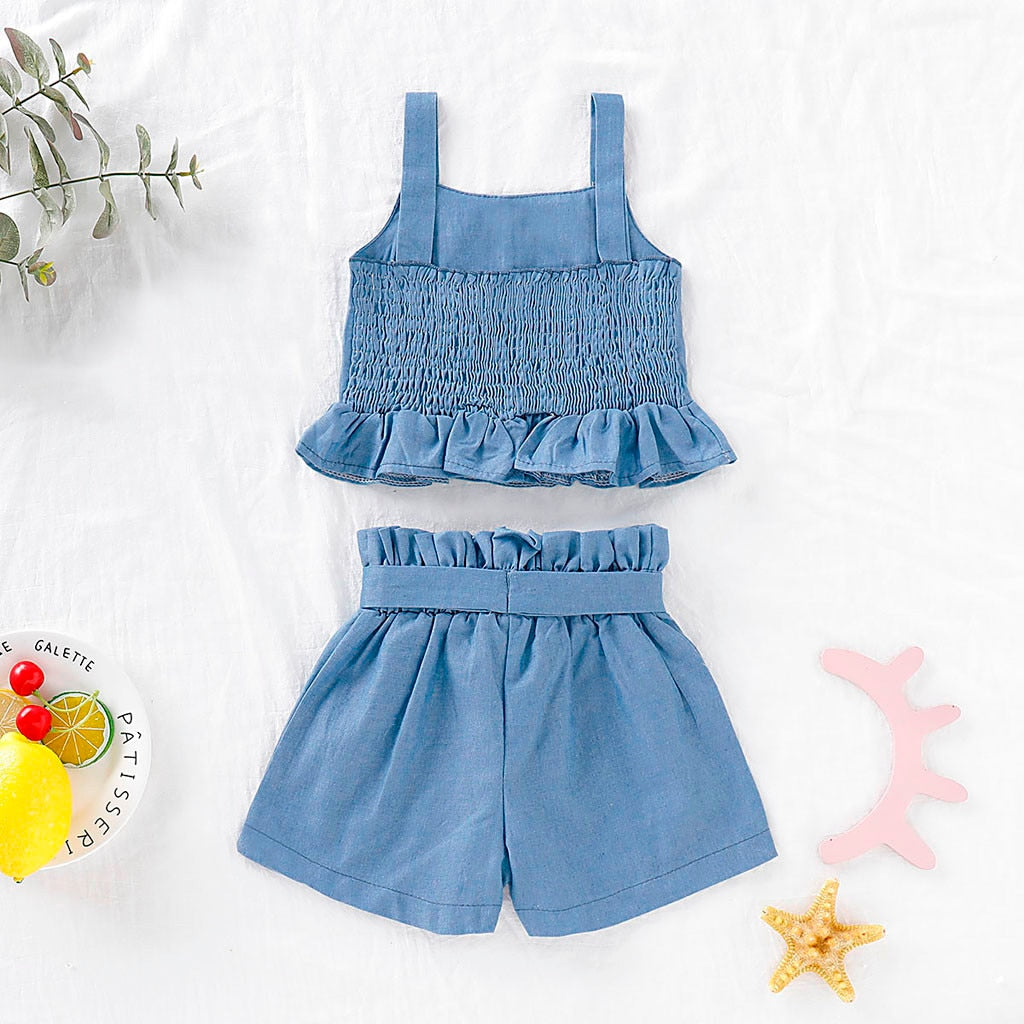 Children's clothing Toddler Baby Kid Girls Jeans Ruffle Suspender Vest Tops Solid Bow Shorts Outfits Set Clothes
