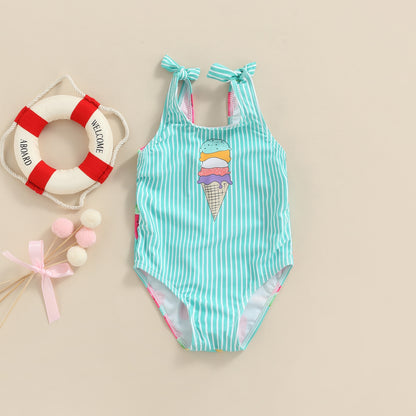 2-6Years Toddler Baby Girl Bodysuit Sleeveless Striped O-Neck  Ice Cream Printed Crew Neck Patchwork Beach Jumpsuit