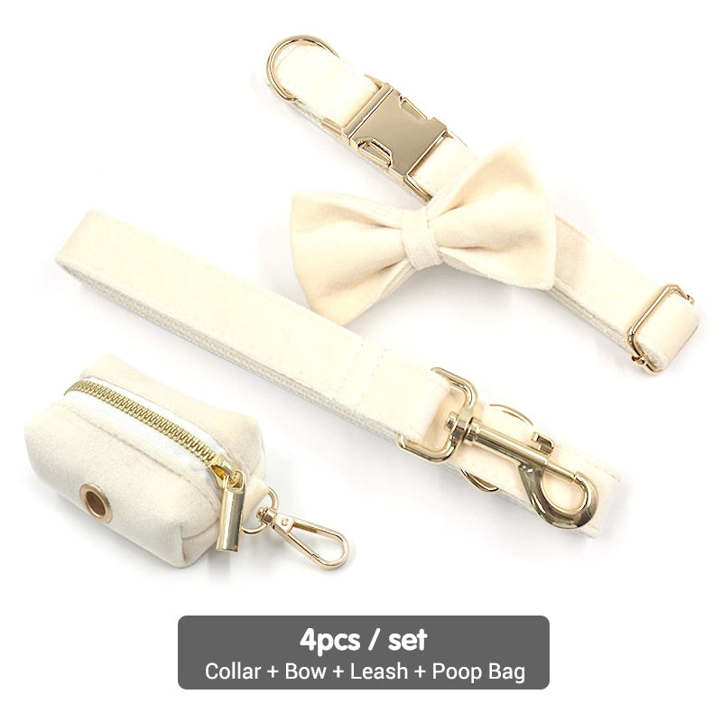 Cream Velvet Pet Collar for Small Medium Large Dogs Thicken Soft Padded Dog Harness Personalized Gold Buckles Luxury Harness Set