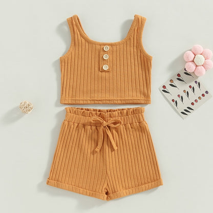 0-4Years Toddler Girls 2Pcs Summer Outfit Sets Solid Button Vest Ribbed Drawstring Shorts