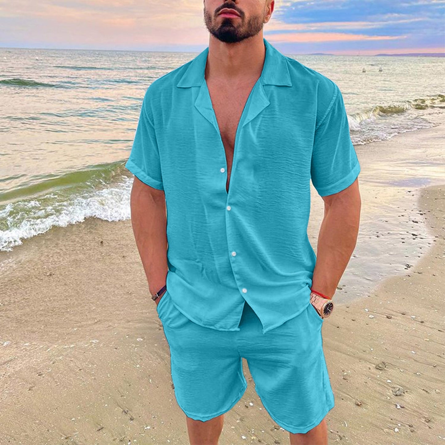 Summer 2 Pieces Beach Short Sleeve Linen Shirts Shorts Pants Sets With Pockets Beach Casual Shorts Suit Daily Tops Male Outfits