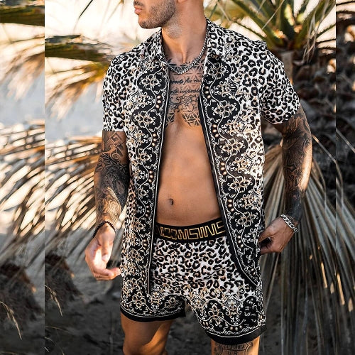 Men Sets Print Patchwork Lapel Short Sleeve Casual Shirt Beach Shorts Summer Streetwear Vacation Hawaiian Suits Men S-3XL