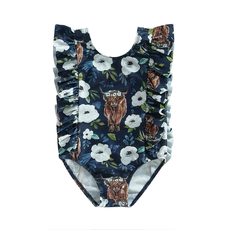 0-5 Years Kids Baby Girls Summer Swimsuit, Sleeveless Cow Floral Print Ruffle Bathing Suit