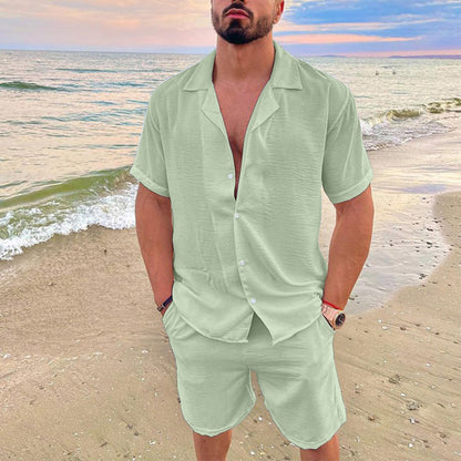 Summer 2 Pieces Beach Short Sleeve Linen Shirts Shorts Pants Sets With Pockets Beach Casual Shorts Suit Daily Tops Male Outfits