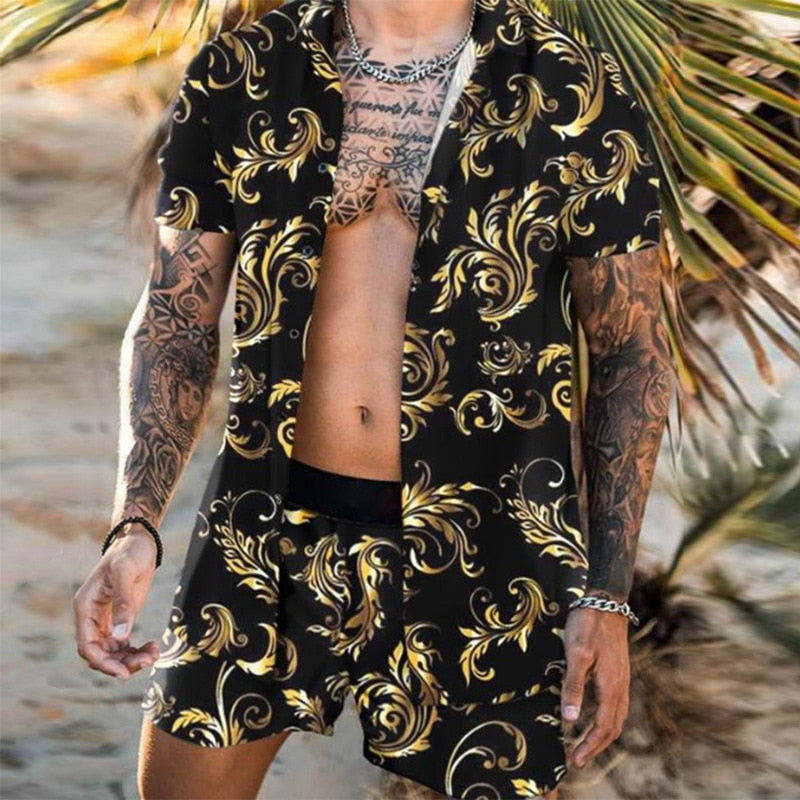 2022 Men Sets Print Patchwork Lapel Short Sleeve Casual Shirt Beach Shorts Summer Streetwear Vacation Hawaiian Suits Men S-3XL
