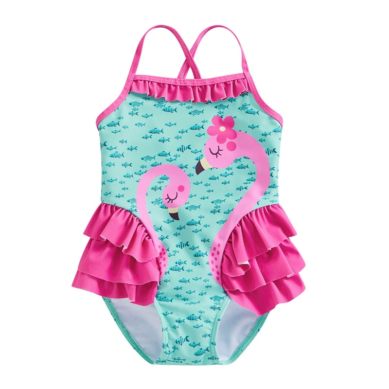 0-6Years Toddler Girl'S Summer Jumpsuit Bikini, Flamingo Little Fish Print Sleeveless Ruffle Swimsuit