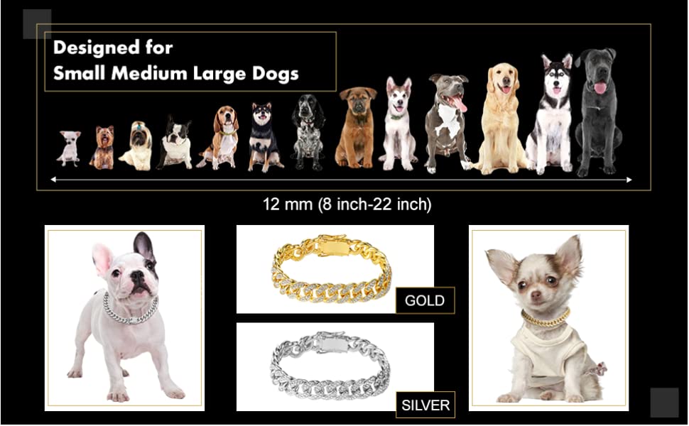Cuban Link Gold Metal Dog Collars for Small Medium Large Dogs Cat Gold Chain Diamond Cuban Collar with Design Secure Buckle Pet Necklace