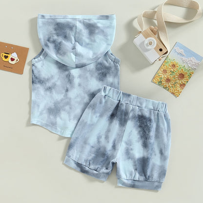 0-3Years Kids Boys 2Pcs Clothes Summer Sleeveless Hooded Neck Dye Print Tops Short Drawstring Trousers