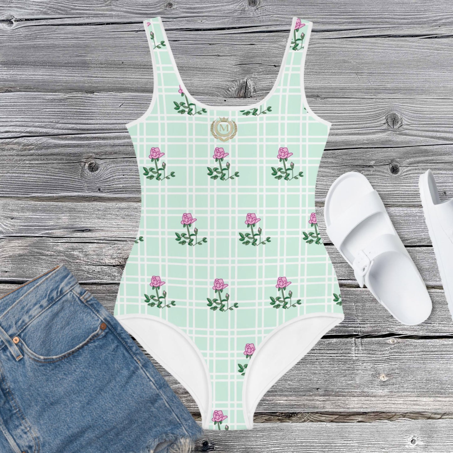 Mint Green Flowers, Monarch Girl's Youth Swimsuit