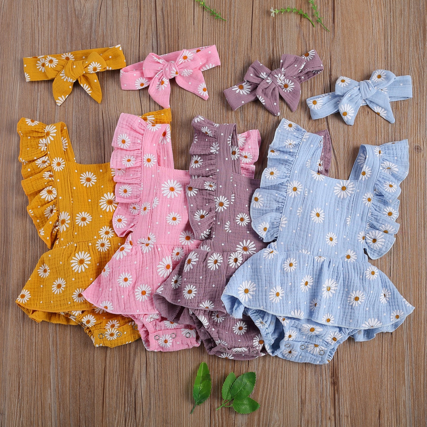 Baby Girls Daisy Playsuits Ruffled Bodysuit+Headaband 2pcs Sets Print Fly Sleeve Romper Floral Jumpsuit Infant Summer Clothes