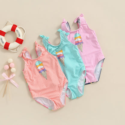 2-6Years Toddler Baby Girl Bodysuit Sleeveless Striped O-Neck  Ice Cream Printed Crew Neck Patchwork Beach Jumpsuit