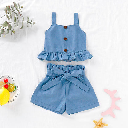 Children's clothing Toddler Baby Kid Girls Jeans Ruffle Suspender Vest Tops Solid Bow Shorts Outfits Set Clothes