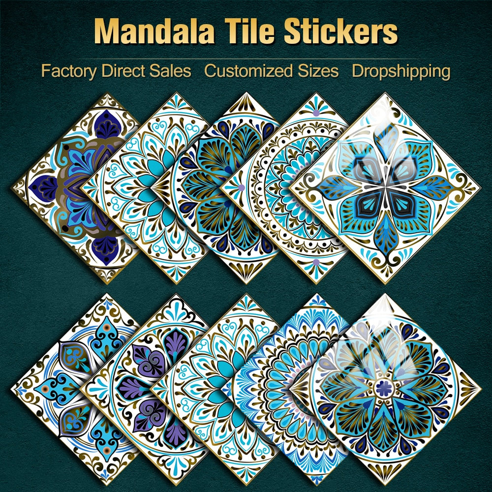 Colorful Mandala Style Tile Sticker Kitchen / Bathroom Wardrobe Glossy Surface Art Mural Peel &amp; Stick Wall Decals