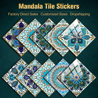 Colorful Mandala Style Tile Sticker Kitchen / Bathroom Wardrobe Glossy Surface Art Mural Peel &amp; Stick Wall Decals