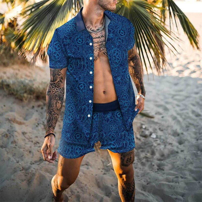 2022 Men Sets Print Patchwork Lapel Short Sleeve Casual Shirt Beach Shorts Summer Streetwear Vacation Hawaiian Suits Men S-3XL