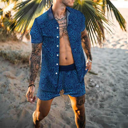 2022 Men Sets Print Patchwork Lapel Short Sleeve Casual Shirt Beach Shorts Summer Streetwear Vacation Hawaiian Suits Men S-3XL