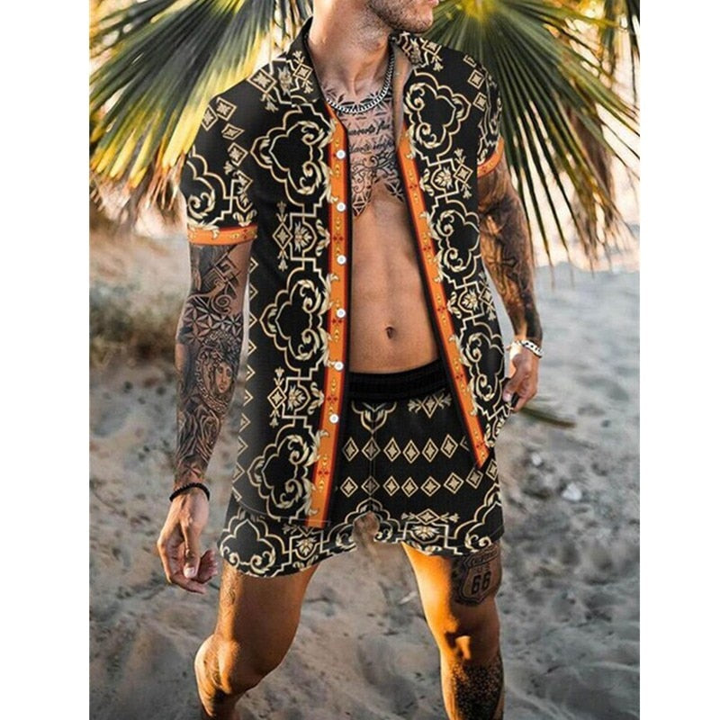 2022 Men Sets Print Patchwork Lapel Short Sleeve Casual Shirt Beach Shorts Summer Streetwear Vacation Hawaiian Suits Men S-3XL