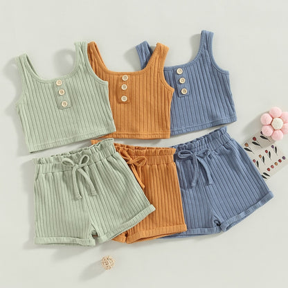 0-4Years Toddler Girls 2Pcs Summer Outfit Sets Solid Button Vest Ribbed Drawstring Shorts