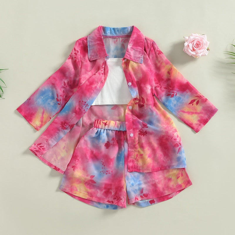 3-7 Years Kids Baby Girls Clothes Set Tie-dye Long Sleeve Button Chiffon T-shirt Shorts Camisole Outfit